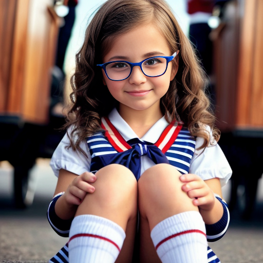 Cute adorable niña Chilindrina glasses con hair lazo curly Blonde con sailor uniforme escolar con zapatos negros escolar con calcetines blancos con Estados Unidos América bandera con desfile con ciudad 6