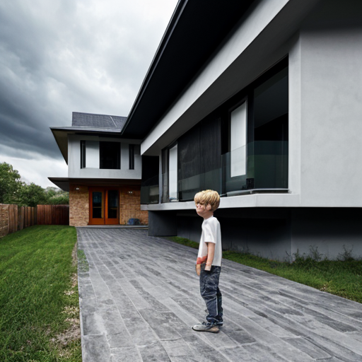 storm boy next to a modern house