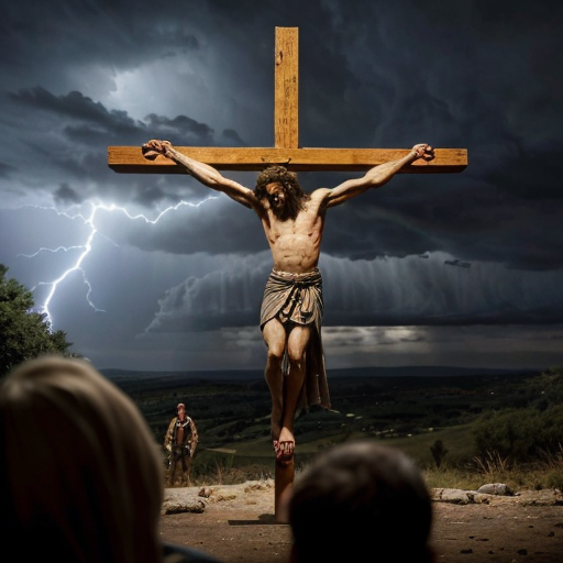 A dramatic biblical scene of Jesus Christ hanging on the cross on a hill called Golgotha, wearing a crown of thorns, blood on his body, suffering expression on his face. An angry crowd around him throwing stones, some people shouting, Roman soldiers standing with spears and armor watching. Dark stormy sky, lightning in the background, emotional atmosphere, cinematic lighting, ultra realistic, highly detailed, 8k, historical biblical painting style.