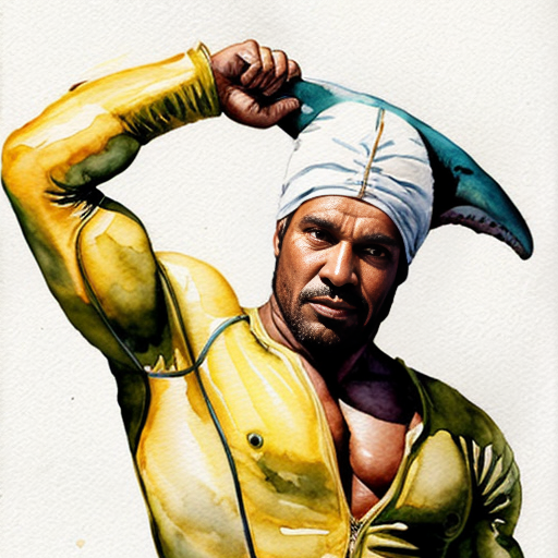 peux tu générer un homme requin humanoïde  qui porte un costume jaune abimé. Ses bras portent  des ailerons de requins. Il est musclé et à l'air méchant. Il porte un chapka russe sur la tête. 
Représente le de plein pied et insiste sur son côté requin terrifiant.