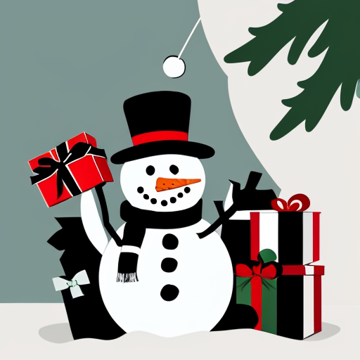 Snowman with a Christmas tree surrounded by gifts with the text Merry Christmas