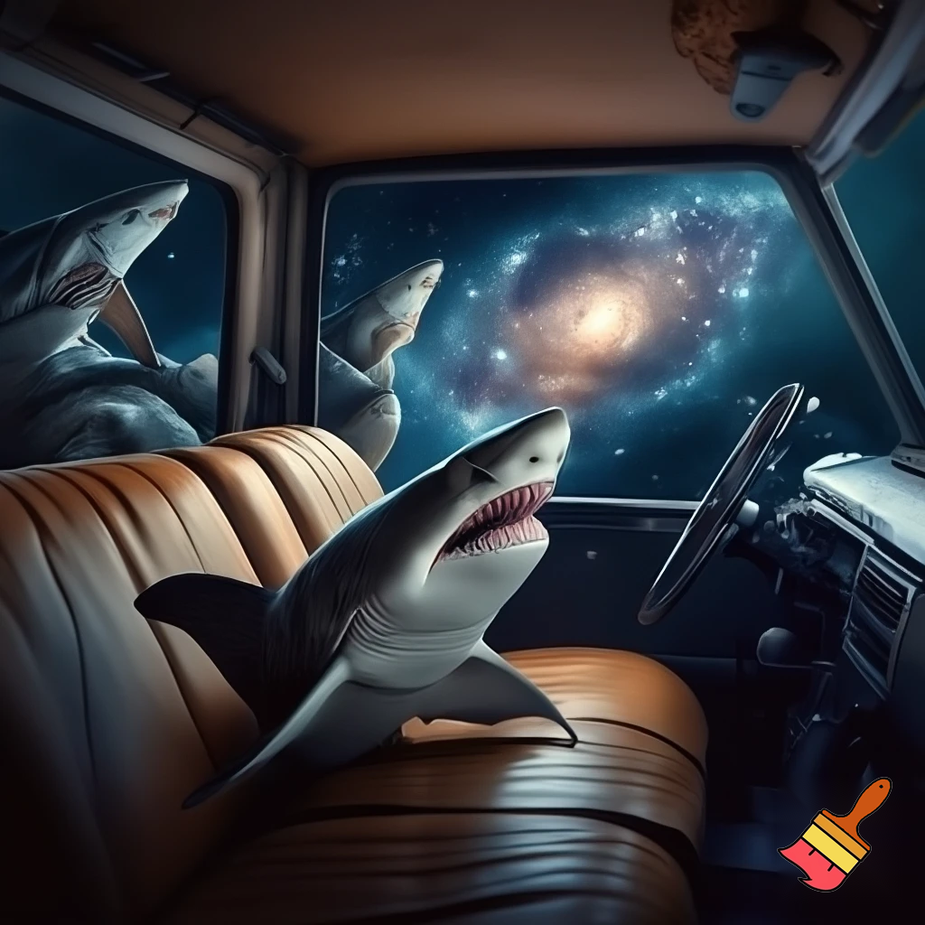 shark floating in a SUV car sipping coffee with his shark kids in the back of the car in space

