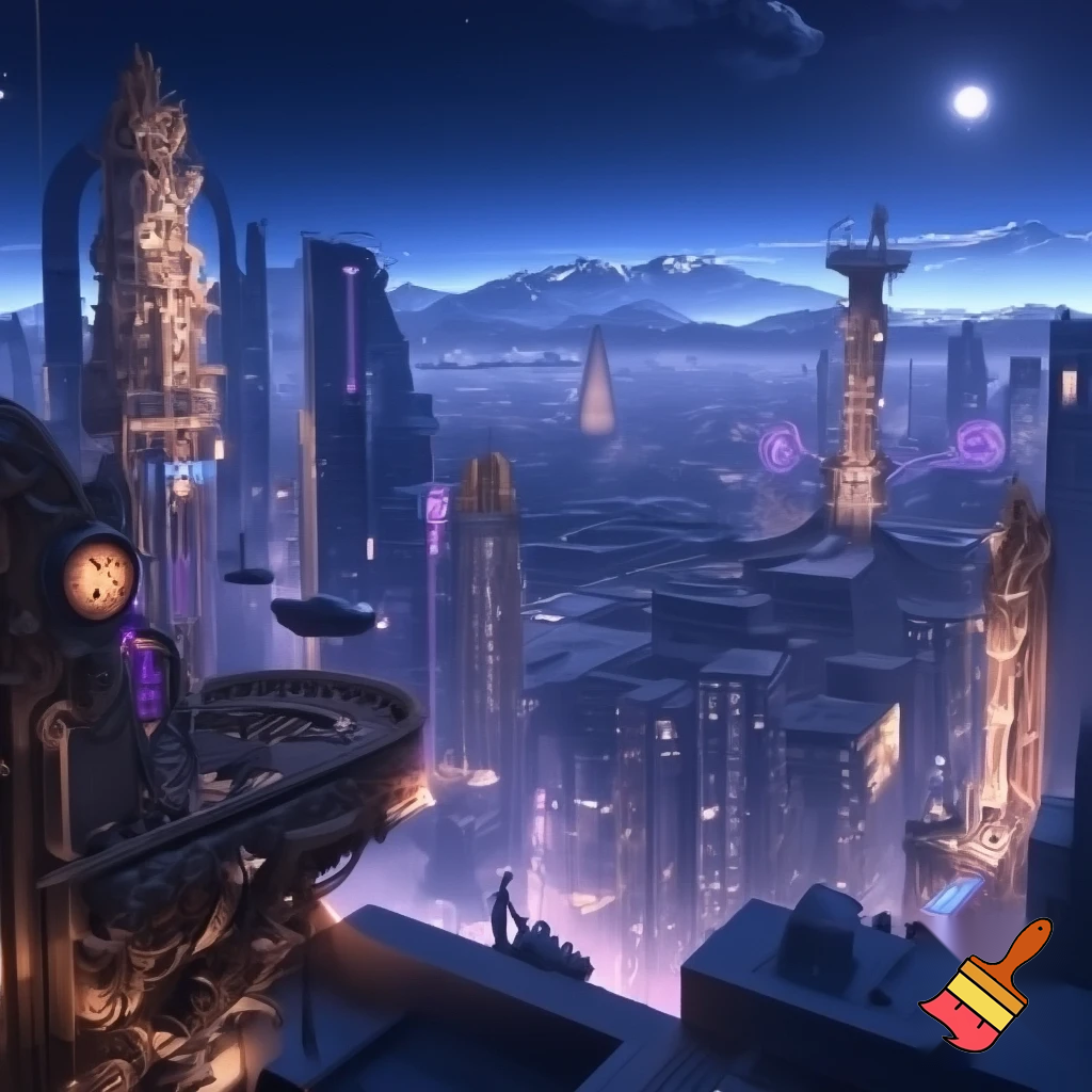 create a landscape background 



Style: anime teaser, a mix of cyberpunk, steampunk and ethno motifs (PUNKVERSE)



Palette: deep cool neon blues/purples + warm brass-copper range for steampunk elements + white-snow accents in the background.



Description: Almaty at night, view from the roof (transition from Scene 7), but now without characters. An empty landscape.



Action: Focus on the city.



Visual: A scene on the roof / generalized observation deck of the city.