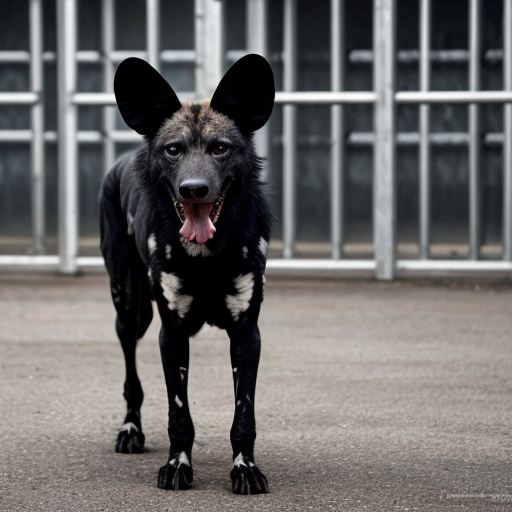 A black wild dog wearing a prison outfit looking DEADLY, sinister, angry and malicious