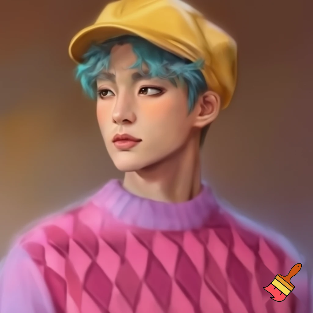 A young man with fluffy, short, blue-gray or turquoise hair and pale skin. Looks to be 24, he wears stylish yellow newsboy cap and pink argyle oversized sweater. 
