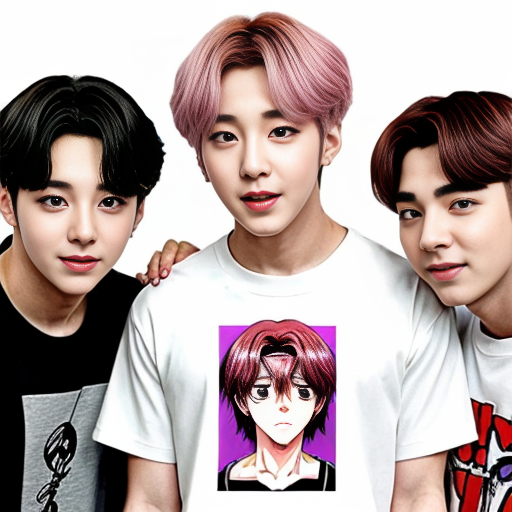 an anime girl in a photo witn tne boy band bts as anime charecters and she has neni written on her shirt
