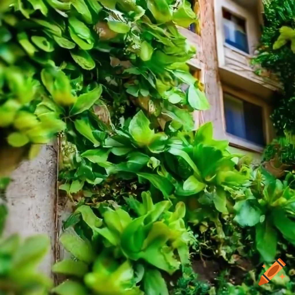 tiny, old, futuristic apartment block, light, foliage, flowers, golden hour