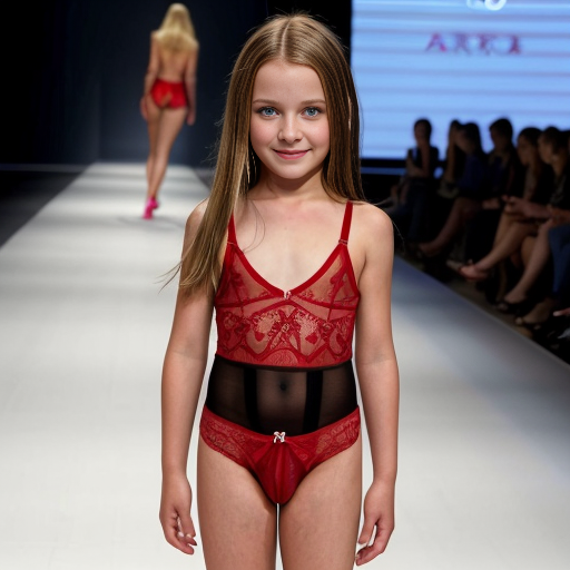 Crea imágenes tipo fotos realistas, donde haya 2 niñas rubias de 10 años modelando en una pasarela para un concurso, que esten vestidas con ropa de lenceria roja transparente
