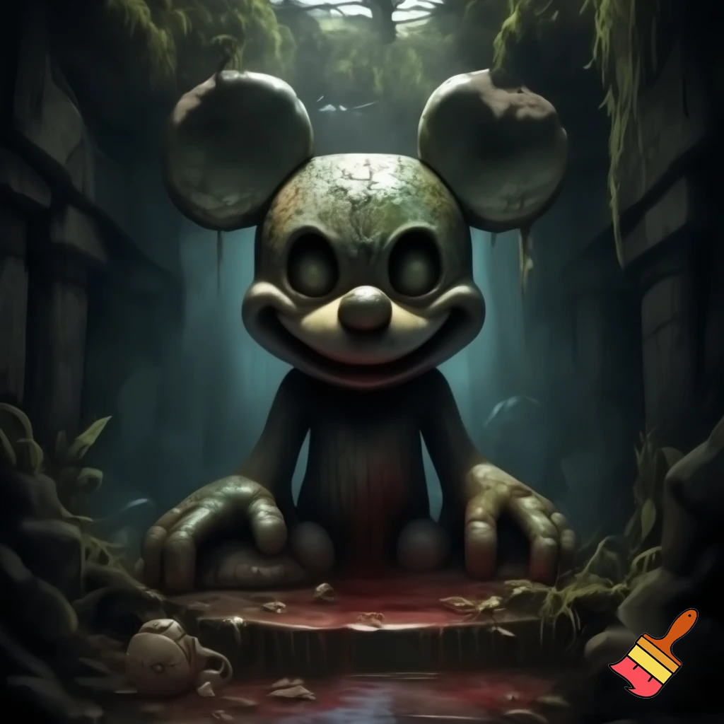 Ancient stone idol of Mickey Mouse with blood sacrifice