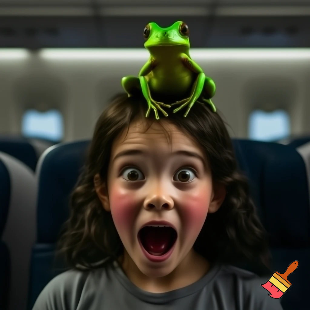 a inpoyle in  a plane is sacred of a frog on her head she scram she put hot cheetos on her head  when the girl done with her flit  the frog hit her head
