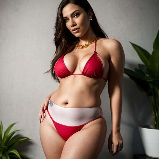 
Scene: A minimalist urban setting with potted plants.
Mood: full sexy.
Expression: Dressed in a red bikini, showcasing her Full curvy belly and thick thigh with a gold waist chain, the woman poses with one leg raised. She looks directly at the camera with a bold, self-assured gaze.