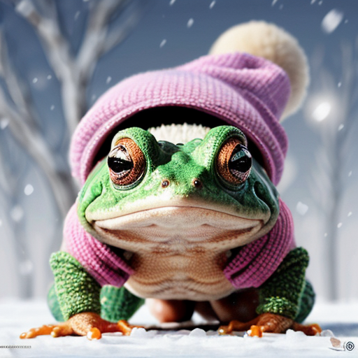 A laughable, puzzled animal toad in woolen, multicoloured winter clothings with woolen winter cap. Hyperrealistic art style.