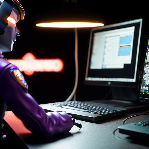 A funny 3D render of a miniature "Cyber Police" squad made of glowing blue holograms chasing a tiny hacker across a messy physical office desk. The hacker is tripping over a giant coffee mug while the tiny police officers use USB cables as lassos. Macro photography style, shallow depth of field, vibrant neon blues vs warm desk lighting, expressive "Oh no!" face on the hacker, highly detailed, whimsical.