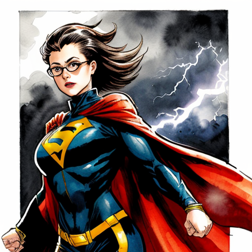 PAGE 1, PANEL 1 SUPERHERO INTRODUCTION:
"Anime superhero girl with long dark reddish-brown hair, round glasses, warm brown skin tone, fierce determined expression like Tanjiro, wearing a flowing dark cape or coat, dramatic powerful stance, glowing aura around body, stormy sky with lightning behind her, Demon Slayer anime art style, black and white manga ink drawing, high contrast, bold lines, vintage comic aesthetic