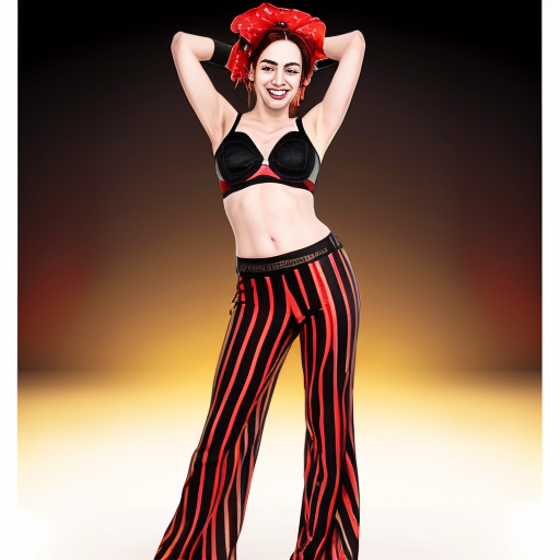 90's disney's 2d aladdin style comic black background and panels of 
panel 1 Harley Quinn with light black and red striped harem pants and bra and black and red curved slippers with both hand palms place together and hiding the bottom of her mouth with a light black and red striped veil wrapped around her arms and shoulders. 
panel 2 she danced with light black and red striped harem pants with light black and red striped bra and red and black curved slippers and with light black and red striped veil wrapped around her arms and shoulders and raising legs and bounced up and down her belly and shook her hips left and right. 
panel 3 as Harley Quinn with light black and red striped harem pants and bra and red and black curved slippers and with red and light black striped veil wrapped around her shoulders and arms and spreading her arms, happily revealing her face to the viewer and giving a smile as she shook her belly left and right. 
Panel 4 Harley Quinn with light black and red striped harem pants and bra and black and red curved slippers and with light black and red striped veil wrapped around her shoulders and arms has started to fading away , except her belly, which is bouncing around and growing. 
Panel 5 then the ball transforms into the fading in belly of Giant red haired giganta barefoot with dark yellow spotted yellow harem pants and bra and dark yellow spotted yellow veil wrapped around her arms and shoulders with her swaying her hips. 
Panel 6 red haired giganta barefoot with dark yellow spotted yellow harem pants and bra and dark yellow spotted yellow veil wrapped around her arms and shoulders then she is flexing her muscled arms.