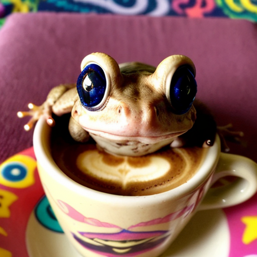 A hillarious, funny boho toad with some hippie colored coffee cups. Psychedelic decorated background, hyperrealistic. Close-up view.