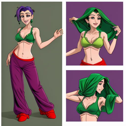 90's disney's 2d aladdin style comic dark black background and panels of 
panel 1 purple haired Ponytail shantae with red harem pants and red bra and red curved slippers with both hand palms place together and hiding the bottom of her mouth with a red veil wrapped around her arms and shoulders. 
panel 2 she danced with red harem pants with red bra and red curved slippers and red veil wrapped around her arms and shoulders and raising legs and bounced up and down her belly and shook her hips left and right. 
panel 3 as Shantae with red harem pants and red bra and curved red slippers spreading her arms, happily revealing her face to the viewer and giving a smile as she turns around shook her butt left and right. Panel 4 as purple haired Ponytail shantae with red harem pants and red bra and red curved slippers started to fading away , except her belly, which is bouncing around. 
Panel 5 then the ball transforms into the fading in belly of green haired Ponytail shantae with light green skin and green harem pants and green bra and green curved slippers and green veil wrapped around her arms and shoulders with her swaying her hips. 
Panel 6 green haired Ponytail shantae with light green skin and purple harem pants and green bra and green curved slippers and green veil wrapped around her arms and shoulders and with her hand palms place together between her chest and she gives a smile and winking her left eye. 
