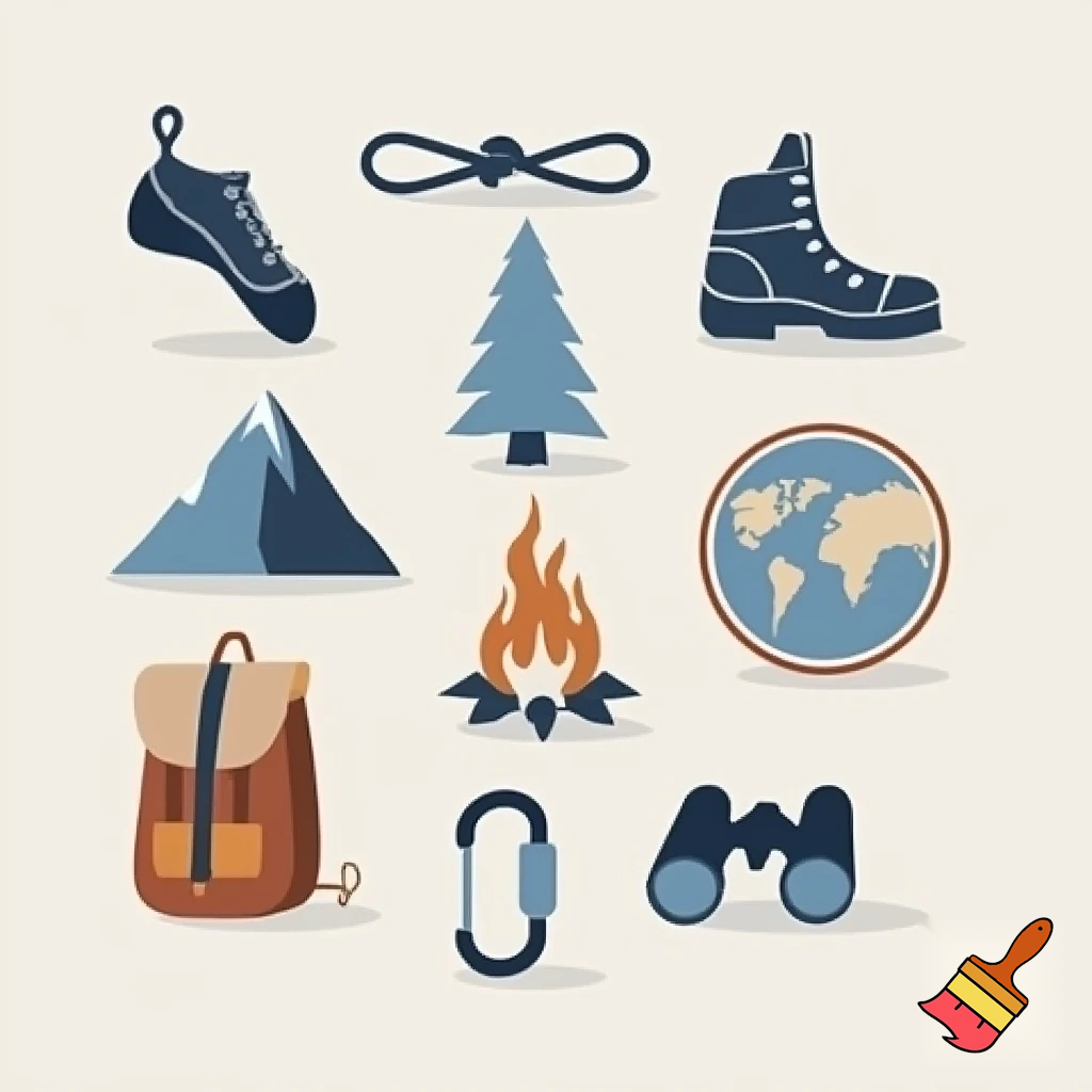 icons of : climbing shoe, figure 8 knot, fir tree, mountain, campfire, tent, carabiner, compass, backpack, world map, hiking shoe, binoculars