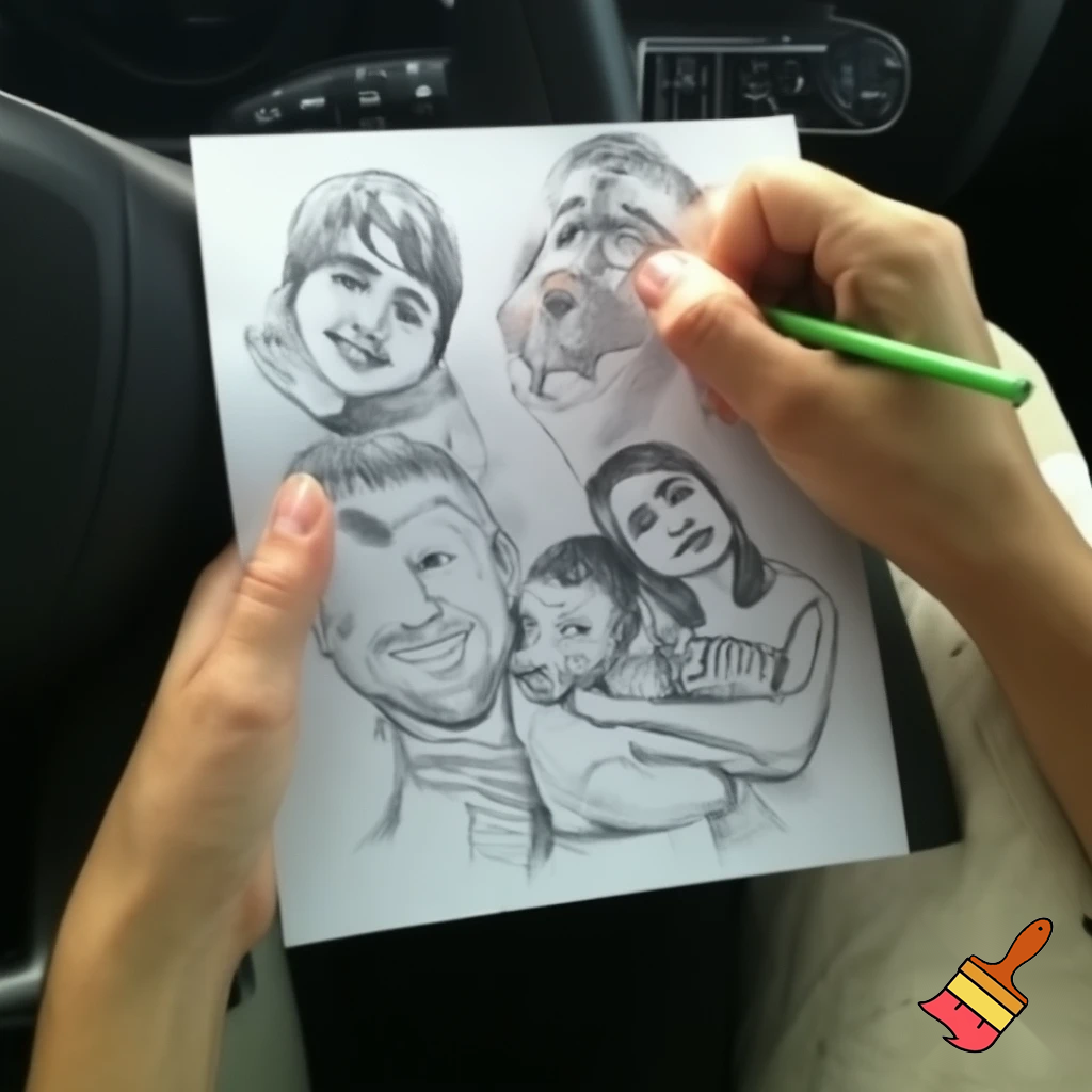 Draw a family 4 a dad with tattoos 7 year old sister 13 year old brother and the mum has tired under eyes in a car

