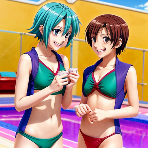 A cheerful 12-year-old teenage sister wears the same boys' swimsuit as her equally cheerful and amused 13-year-old teenage brother, and they both play in it together.