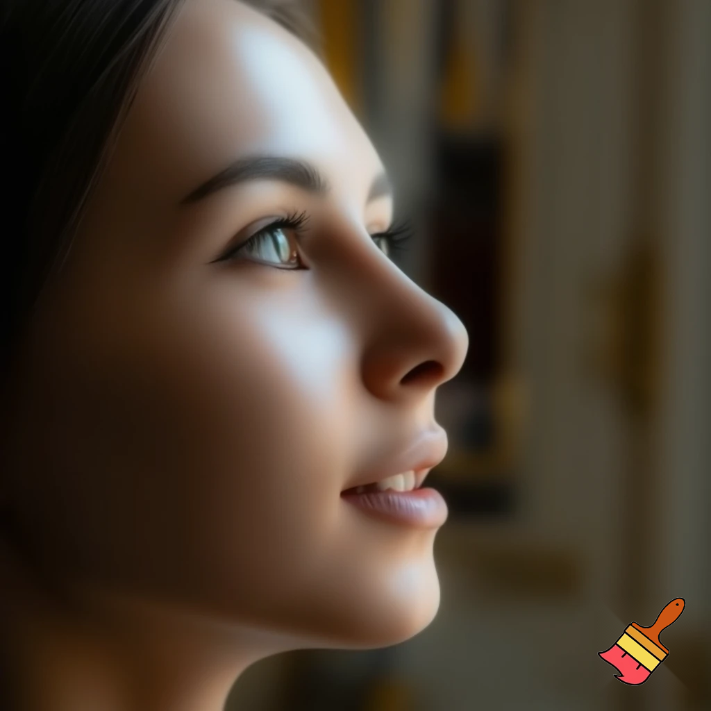 Beautiful woman has her nose upturned 
