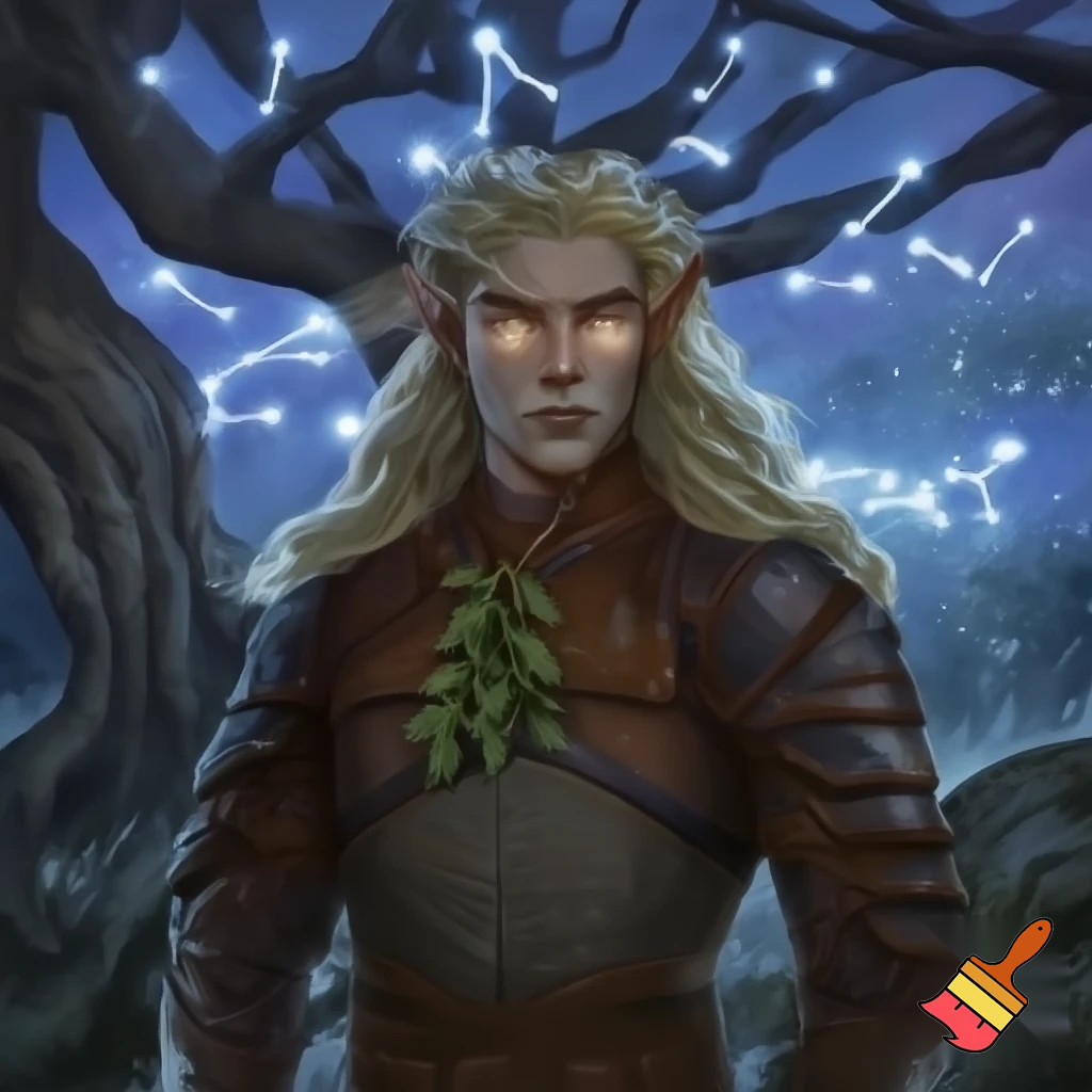  male wood elf circle of the stars druid pale skin blond hair hazel eyes leather armor with a sprig of mistletoe as a necklace