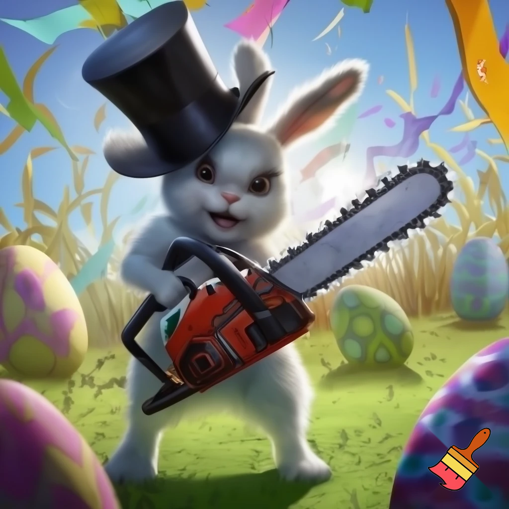 Easter bunny with a chainsaw with a top hat mascot costume
