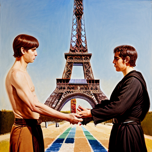 create an image of 2 french painters fighting with bagettes as if they were lightsabers outside of the eifell tower