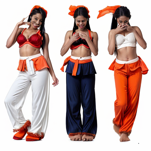 90's disney's 2d aladdin style comic black background and panels of 
(panel 1  black hair Woman barefoot with white harem pants and bra purple vest and orange sash with both hand palms place together and hiding the bottom of her mouth with a red veil wrapped around her arms and shoulders and with both hand palms place together and hiding the bottom of her mouth and swaying her hips left.)
(Panel 2 Then the black hair woman barefoot with white harem pants and bra , purple vest and orange sash with red veil wrapped around her arms and shoulders with both hand palms place together and hiding the bottom of her mouth swaying her hips right .)
(Panel 3 then the black hair woman with white harem pants and bra ,purple vest and orange sash and red curved slippers spreading her arms, happily revealing her face to the viewer and giving a smile as shook her belly left and right.)
(Panel 4 then the black hair woman  with white harem pants and bra and red sash and red curved slippers with a blue veil wrapped around her arms and shoulders and spreading her arms  then started to fading away , except her belly, which is bouncing around.
(Panel 5 and the black hair woman with blue harem pants and red bra and red sash and red curved slippers with a blue veil wrapped around her arms and shoulders then swaying of her belly and hips.)
(Panel 6 then  the black ponytail hair woman with blue skin and blue  harem pants and red bra and red sash and red curved slippers then blowing kisses to the viewer.) 