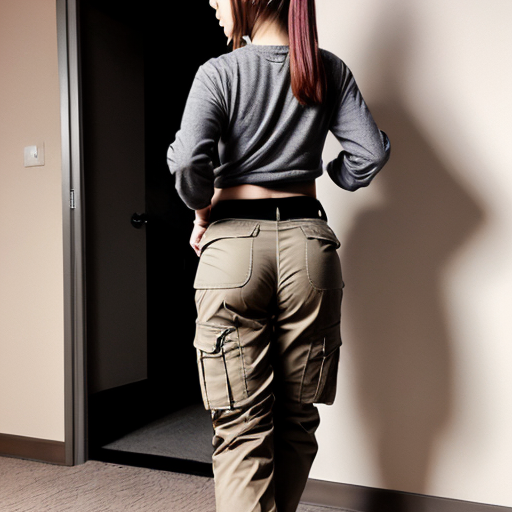 a anime girl with beige cargo pants on turned around

