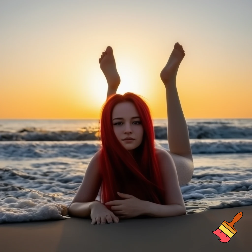 Ragazza dai capelli rossi distesa al tramonto su una spiaggia, bagnata dalle onde sul suo corpo nudo. Vista frontale, la ragazza ha le gambe aperte i capelli sono mossi 