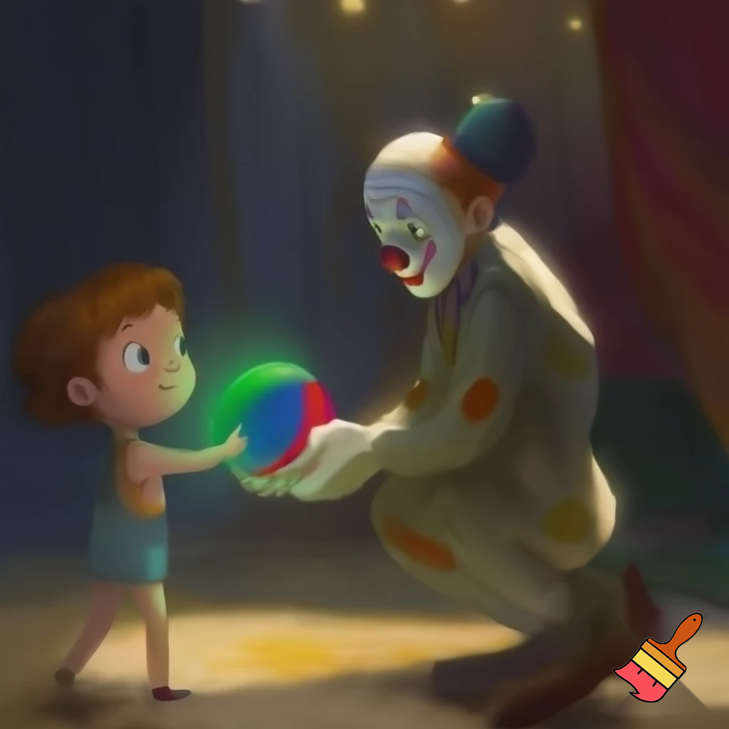 A child reaches out to give the sad circus clown his ball.