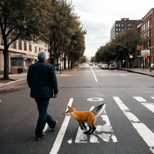 Ein Fuchs als Mann geht über eine Straße.