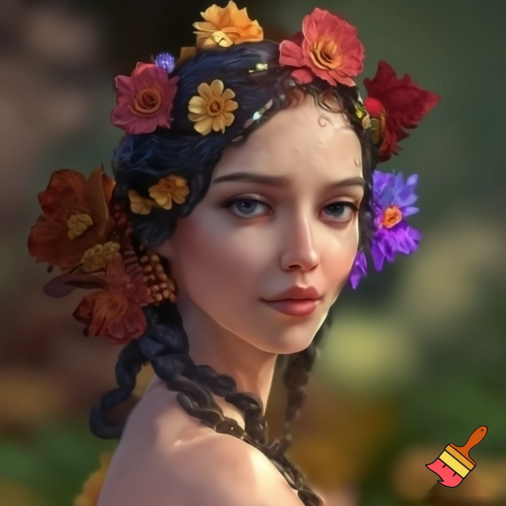 hair was neatly braided with flowers stuck in them, her face was skinny and her eyes were dark blue.