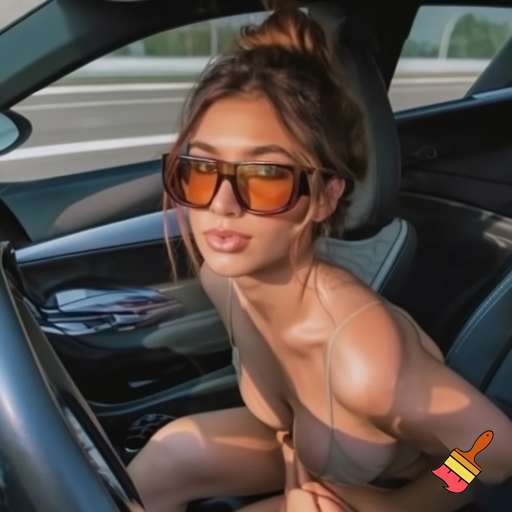 Prompt 👉 A candid lifestyle photograph of a confident young woman sitting in the front passenger seat of a modern car. She is leaning bend slightly toward the center console, revealing her full cleavage, wearing a minimal summer outfit and oversized amber-tinted sunglasses. Her hair is styled in a casual messy bun with loose strands framing her face. Natural daylight streams through the car windows, creating soft highlights on her skin and subtle shadows inside the car interior.
