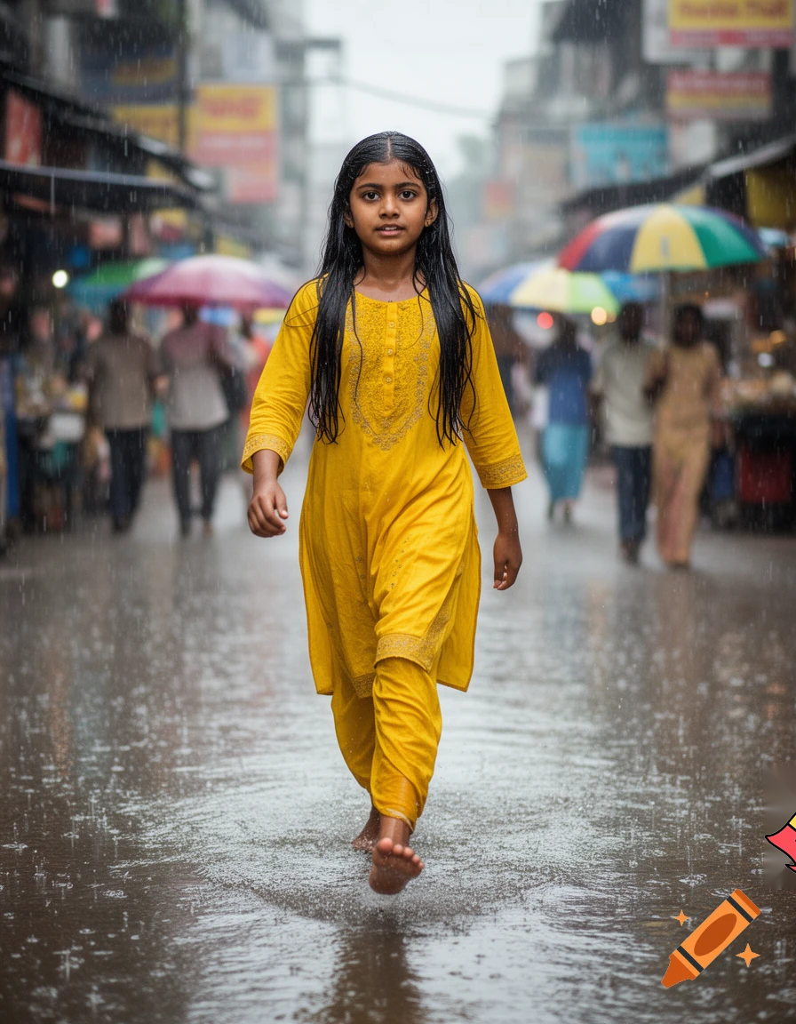 Indian girl walk in heavy 