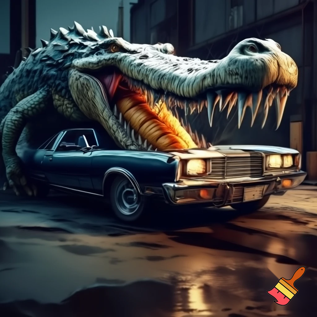 make a crocodile fused with an car eating bread


