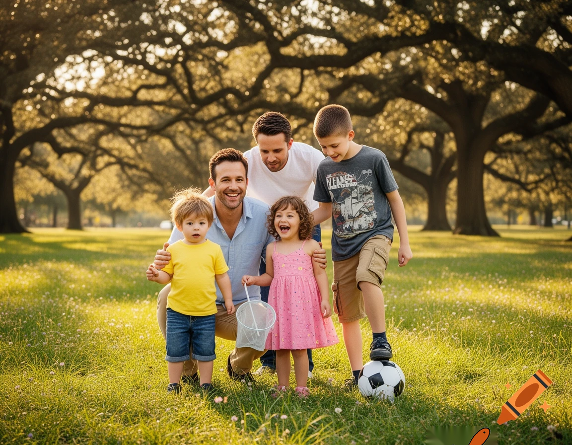 generate me a picture of 3 kids with their 2 dads, make the kids 2 and 3, make one a girl and one a boy, and make the 3rd a 14-year-old boy, make the 1st dad a dark brown hair and white man and make the other one Ryan Reynolds.