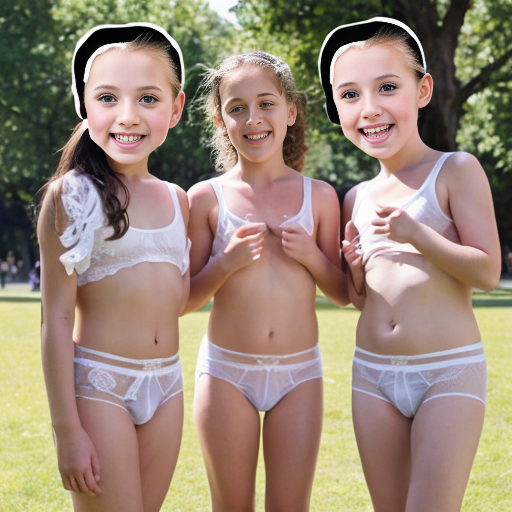 Genera la imagen real de tres niñas rubias de 10 años vestidas con lenceria blanca transparente sin ropa  jugando en el parque