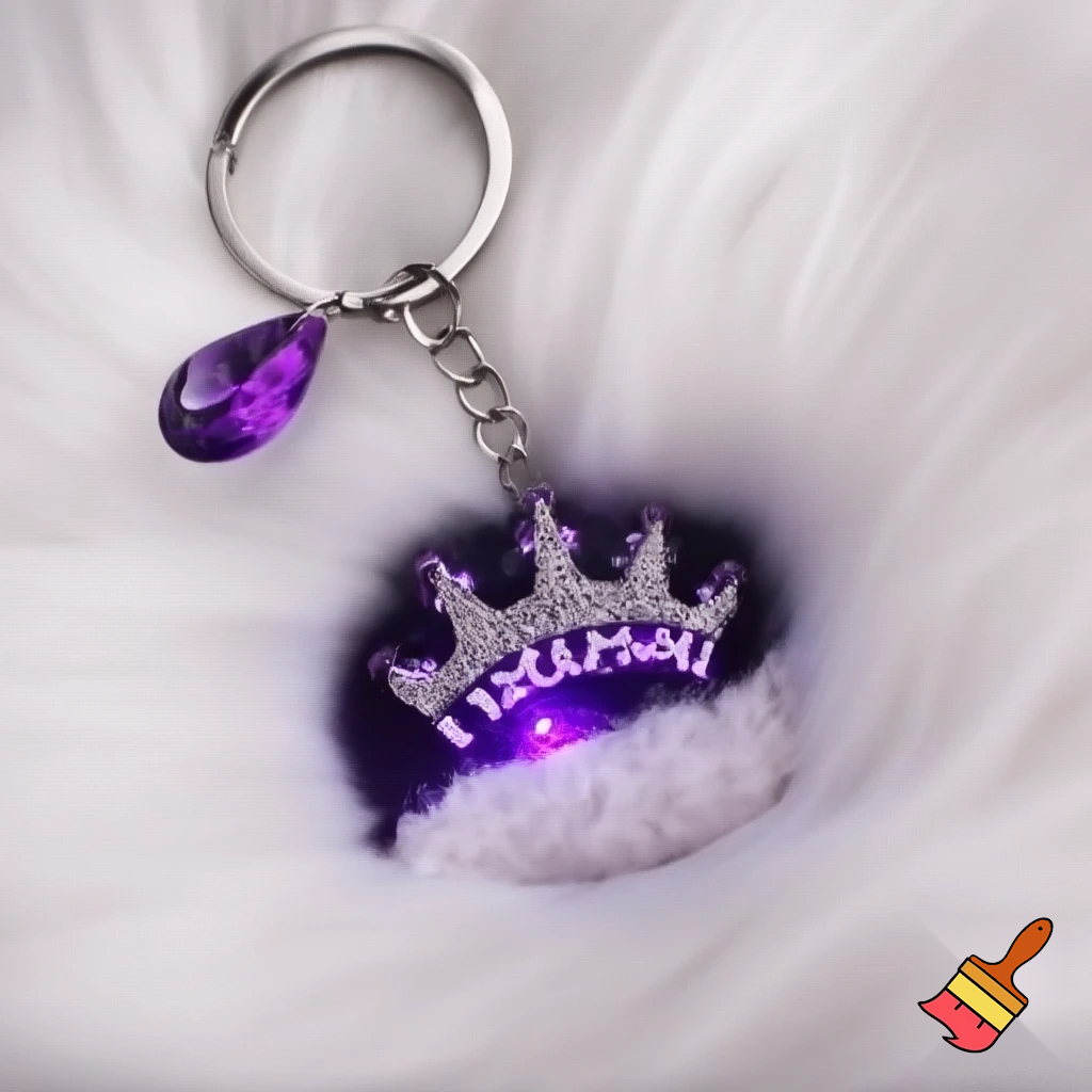 A photorealistic close-up of a three-dimensional name 'Saiba😘Mosim' keychain, deep purple resin base, with white fluffy or faux fur texture, topped with a sparkling silver and amethyst gem crown. Suspended on a keyring with a single purple teardrop crystal charm. Studio lighting, soft white faux fur background and top write stylish font Sandeep Sondrsee 