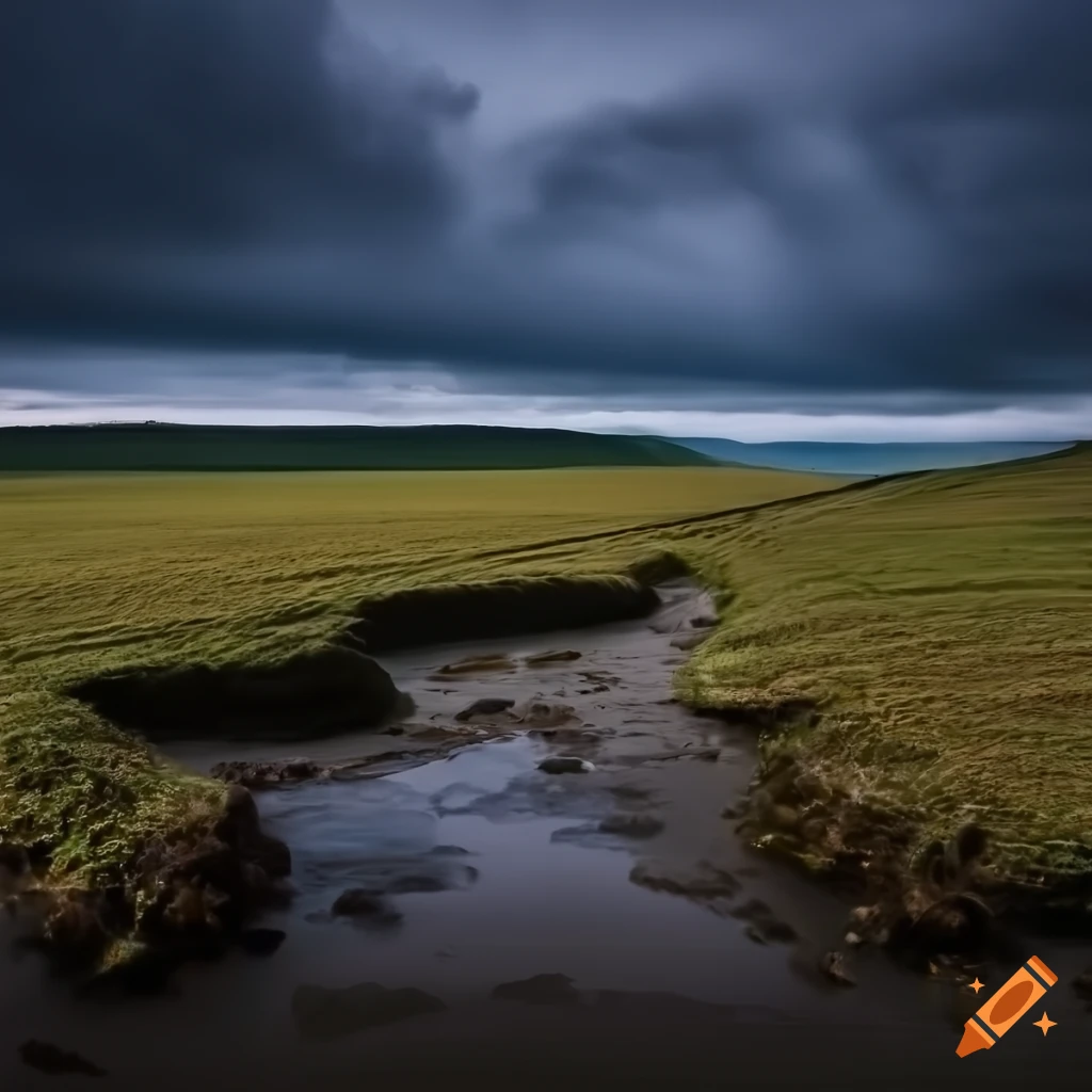 gloomy dark natural colours landscape of distant fields slightly hilly terrain winding paths furrows soil floodplains ponds puddles sparse trees lonely shattered tree stones few houses fields illuminated stormy sky