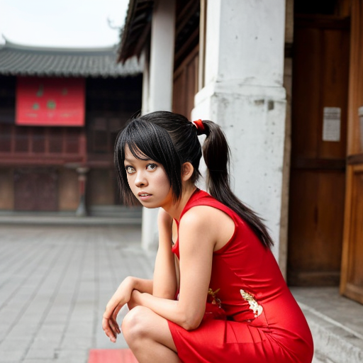 Anime style short woman from indochina, she wears a short red dress with gold embroidery, she has her bkue-black hair up in either 2 buns or 2 ponytails. She has a determined look on her face. We view her from a few steps away face-on. She is crouched forward looking like she has just finished a backflip.