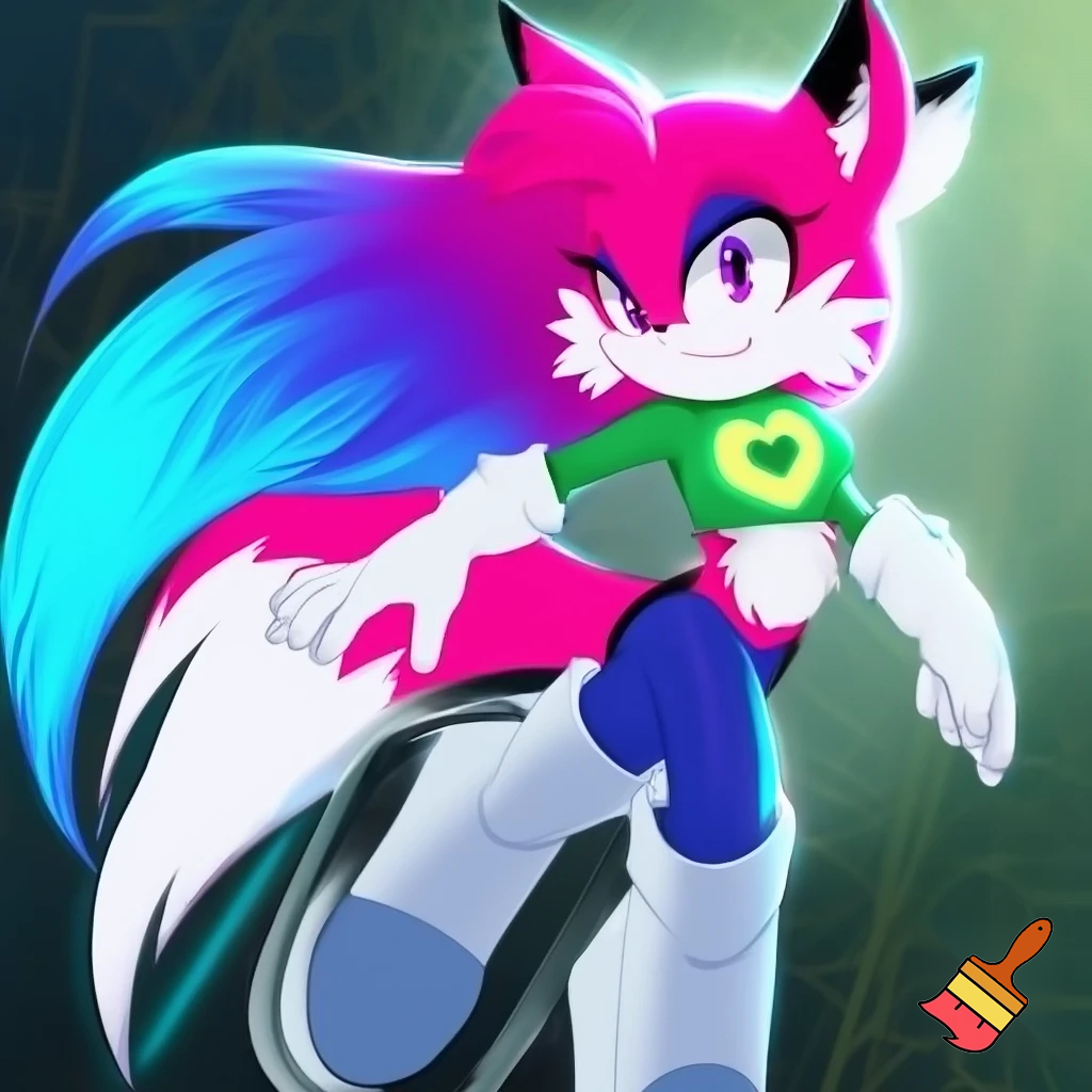 Pink fox sonic oc female with purple eyes, blue at end of swept hair on left side in front and long straight hair in back, black tipped ears, green cropped shirt with long sleeves and light yellow heart in the middle of shirt with an even smaller green heart in the middle of that light yellow heart, blue pants and long white and gray-blue gradient boots. sonic styled fox. no eyeshadow. white fluffy cheeks and stomach.