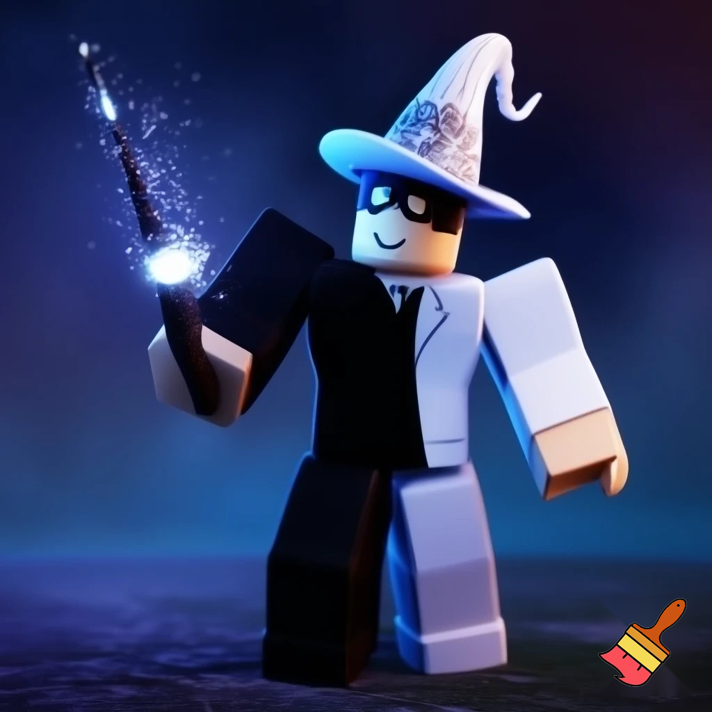 Roblox guy with white suit and he’s right body is black suit and have half black mask and has little tall nose with cool wizzed hat and magic wand