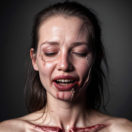 a hauntingly beautiful yet grotesque photorealistic portrait of a blonde woman, her porcelain skin streaked with glistening rivulets of fresh blood that drip from her chin and matted hair. A deep, freshly carved pentagram glistens wetly on her forehead, its edges ragged as if etched by frantic fingers. Her eyes are peacefully closed, lashes clumped with dark stains, while her primary mouth curls into a serene, almost beatific smile—a stark contrast to the horrors flanking it. Both cheeks are torn open like grotesque blossoms, revealing gaping secondary mouths lined with jagged, uneven teeth, their lips pulled back in silent screams that seem to vibrate with unseen agony. Her neck and upper chest are a raw, pulsing landscape of exposed muscle and sinew, glistening under the cinematic chiaroscuro lighting that casts dramatic shadows across her ruined flesh. The background is an inky void, swirling with faint, ghostly tendrils of mist, amplifying the macabre elegance of her suffering. Every detail—from the dewdrop sheen on her wounds to the way light catches the uneven edges of her torn skin—is rendered with hyper-realistic precision, making the horror feel unnervingly tangible.