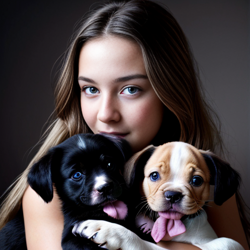 a girl with light brown long hair and blue eyes with an adourable puppy in her hand
