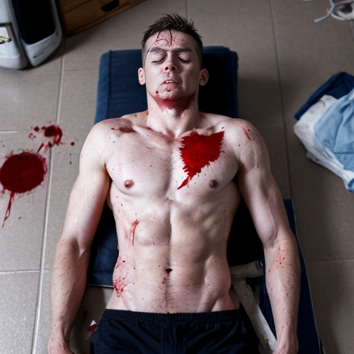 shirtless random man (neighbor, not everyone has 6 pack.), face are hiding by shirt, died already, chest are open wounded circle, blood everywhere, eye closed, floor (on random place like empty place) on corpse body.