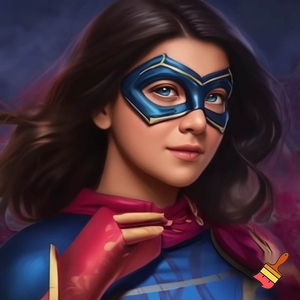 Kate Bishop black hair Blue Eyes white skin marrying ms marvel Kamala khan brown skin dark brown hair dark eyes blue mask red blue outfit 