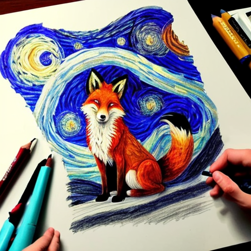 Can you draw me a starry night with a phoenix and fox?