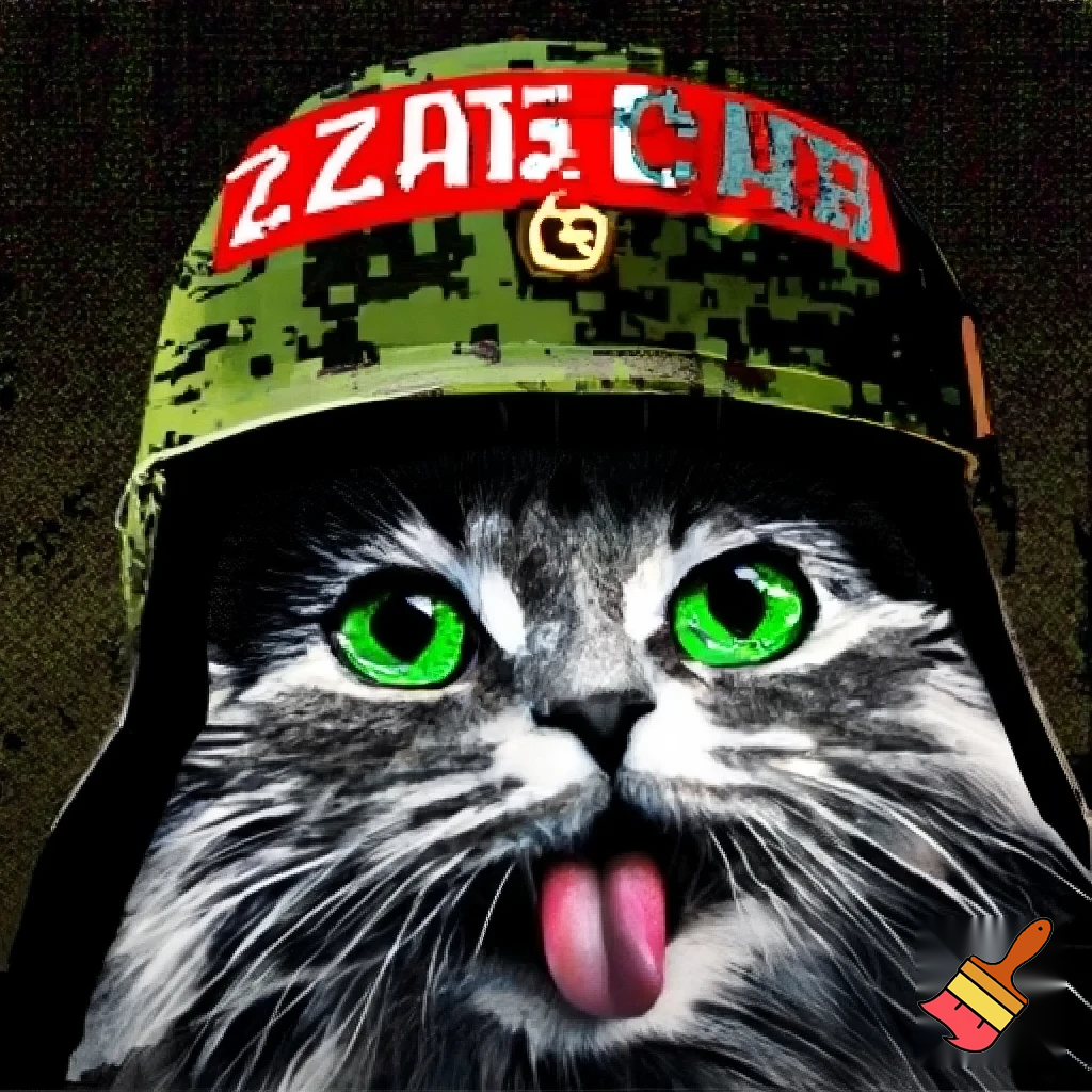 A hyper-realistic close-up portrait of a fluffy gray Siberian cat with bright green eyes, sticking its tongue out playfully. The cat is wearing a digital pixelated camouflage military helmet. The style is a Soviet-era military propaganda poster or socialist realism, with bold stylized graphics, high contrast, and a limited color palette of olive green, black, red, and white. In the background, bold Cyrillic text in red and white: at the top "БООРУЖЕННЫЕ СИЛЫ РОССИИ" (Armed Forces of Russia) and at the bottom "KAMAZ". The letter "Z" is prominently displayed on the side of the helmet or in the background. The image has a slightly grainy, vintage print texture. The mood is ironic and humorous, mixing cuteness with military aesthetics. --style raw --ar 2:3